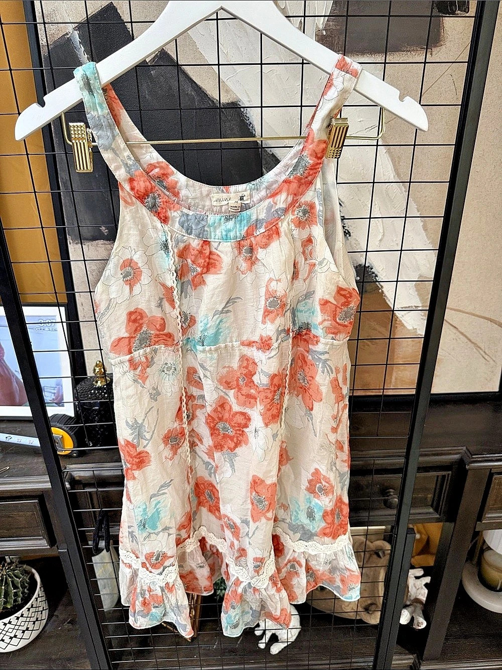 Mine Floral Ruffle Mini Dress in Cream & Coral Size Medium